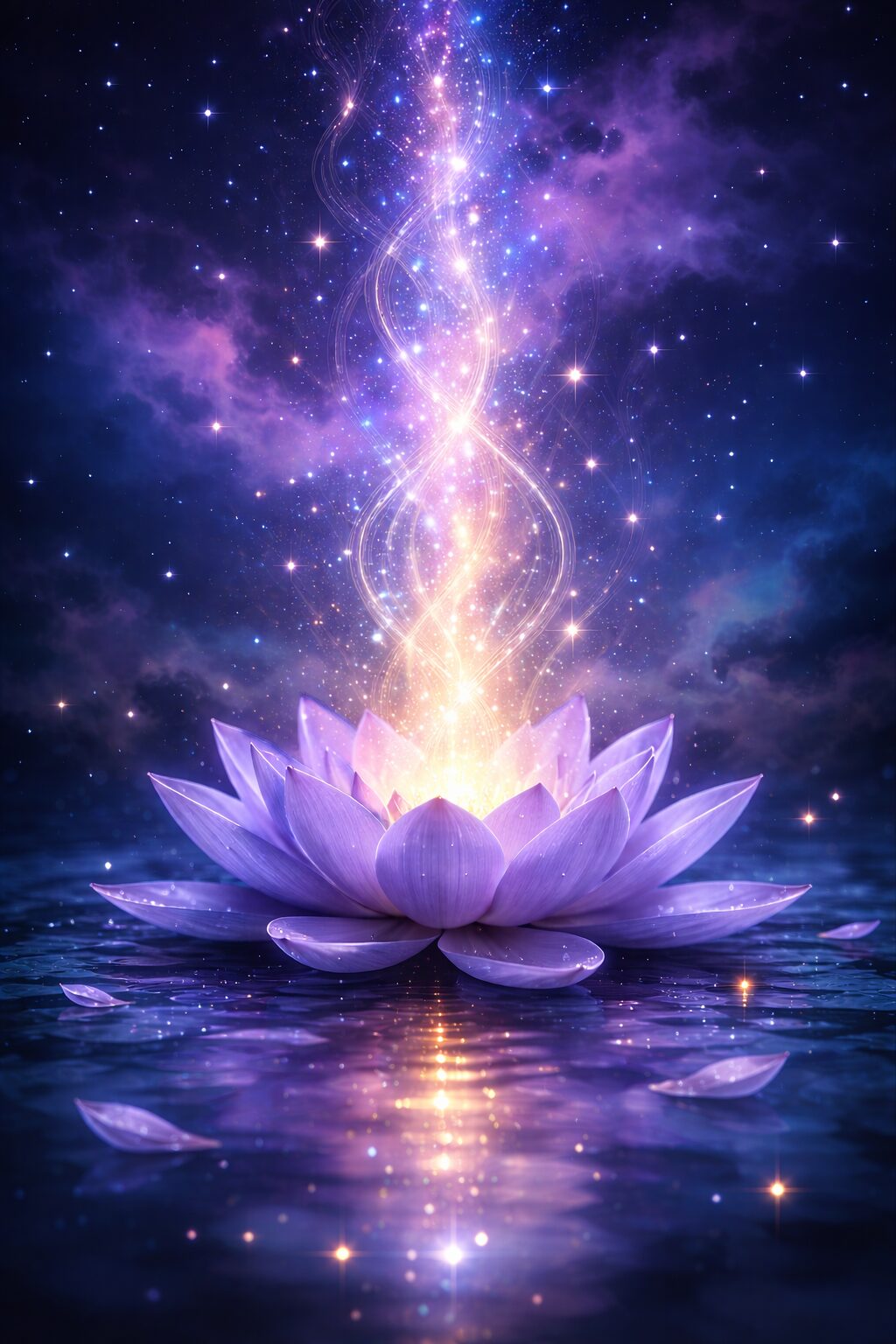 Floating lotus flower with reiki energy flowing from the center, upward. 